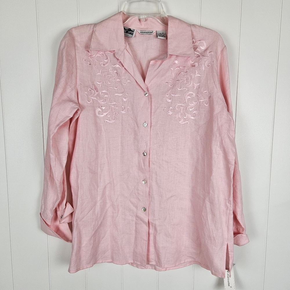 Richard Malcolm Irish Linen Shirt Button Up Long Sleeve Embriodered Light Pink M